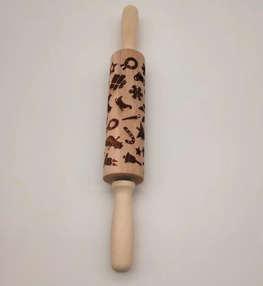 45cm long wooden rolling pin with embossed Christmas patterns like reindeer and snowflakes for baking.