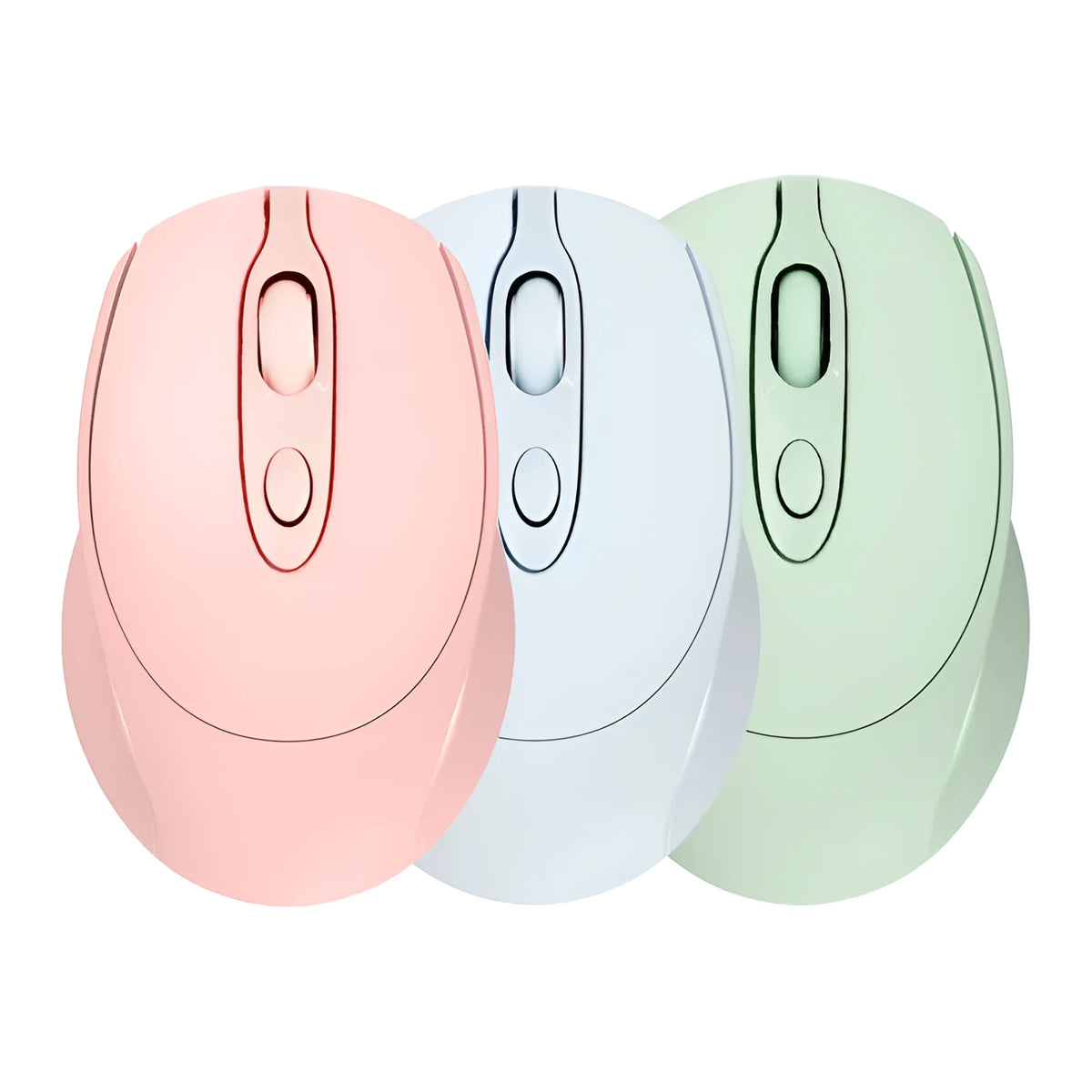 Wireless Bluetooth optical mouse with 1600dpi, four-way scroll wheel, available in five colours, on a desk
