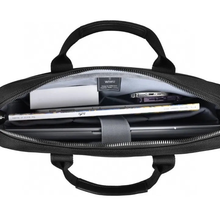 Black oxford cloth laptop handbag with multiple pockets and a separate computer compartment, shown in 14-inch and 15.6-inch sizes.