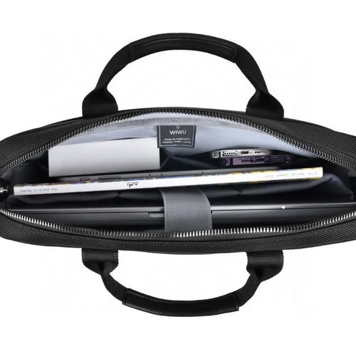 Black oxford cloth laptop handbag with multiple pockets and a separate computer compartment, shown in 14-inch and 15.6-inch sizes.