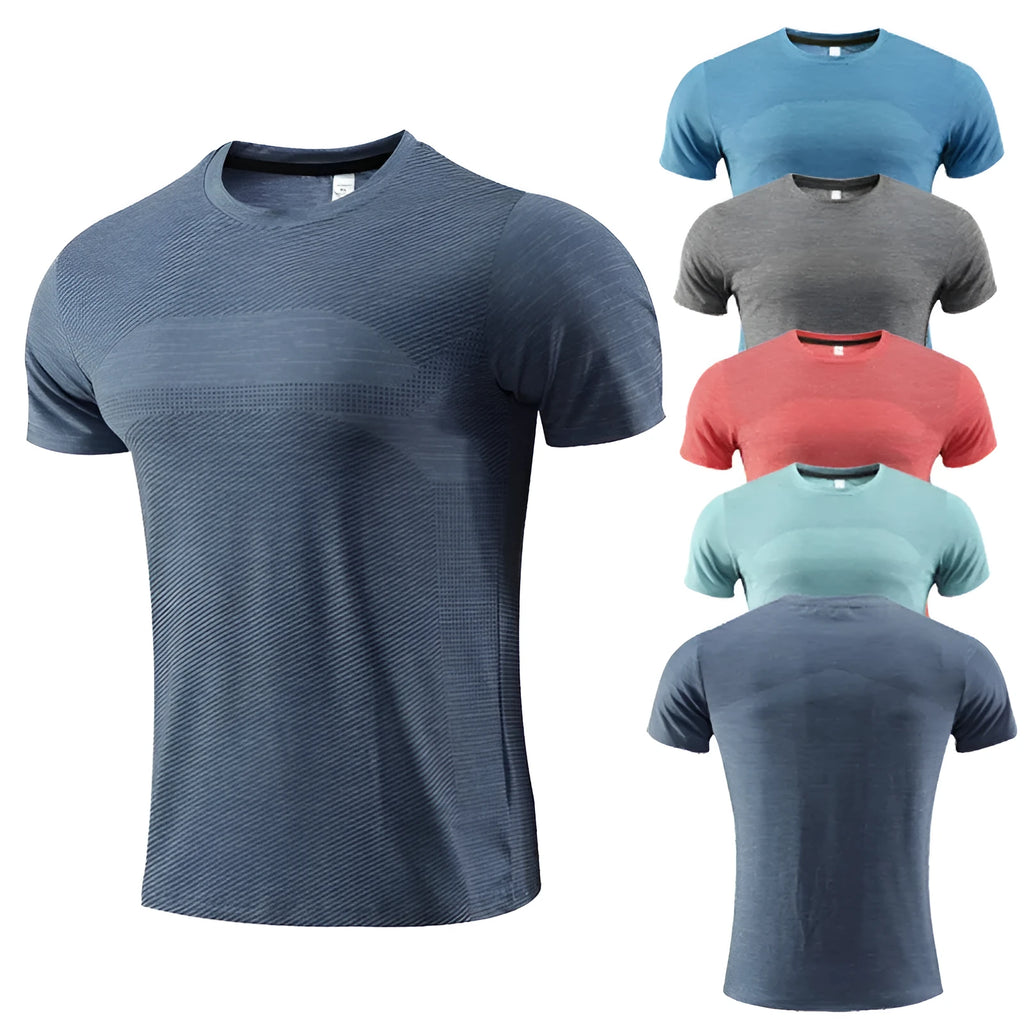 Man's short-sleeved red running T-shirt made from polyester spandex fabric for sports.