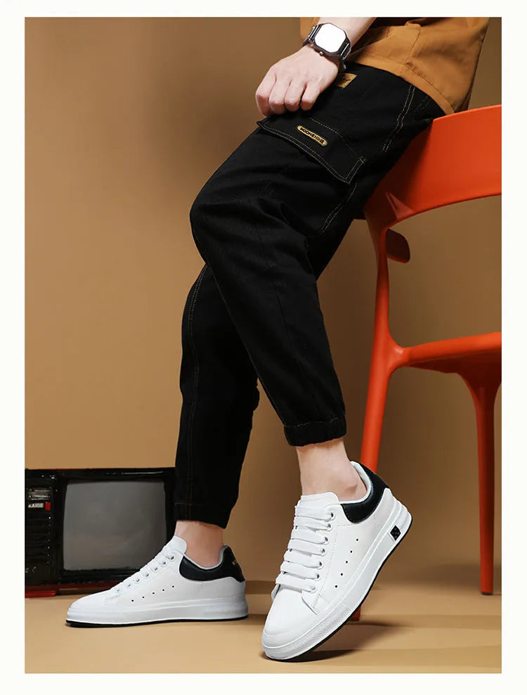 Men's height increasing leisure sneakers, black, 6cm hidden elevator, round toe, lace-up front