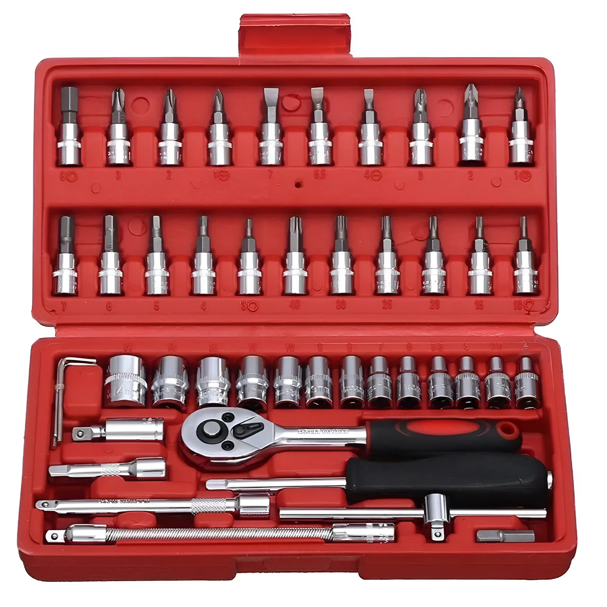 46 piece chrome vanadium steel socket set with ratchet handle, bits, and extensions in a red storage box