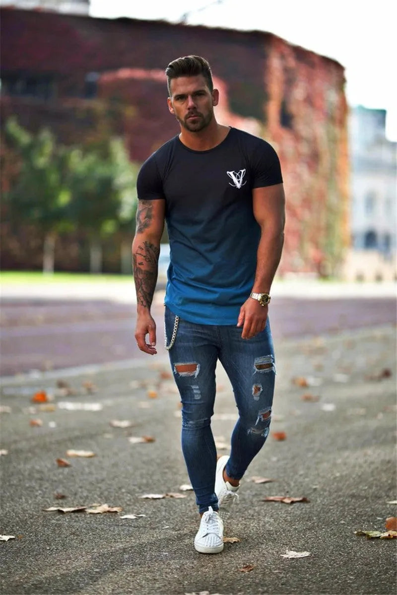 Men's 95% cotton muscle fitness top short sleeve crew neck t-shirt in black blue for gym training