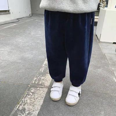 Boys velvet elastic waist casual trousers in plain colour, five size options shown
