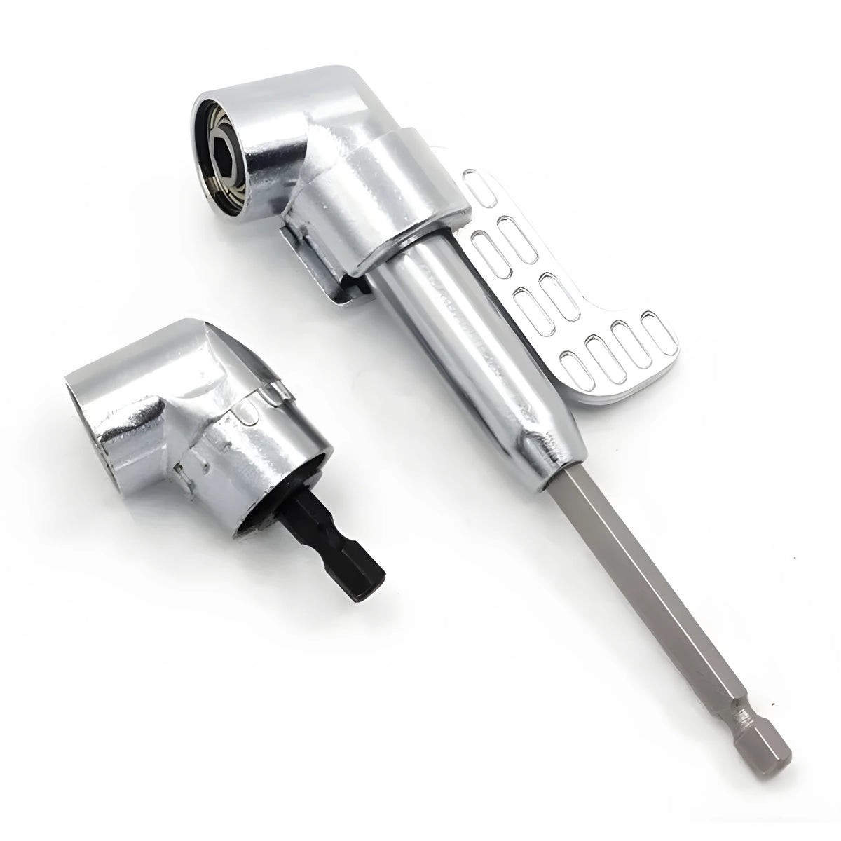 Silver 105 degree right angle driver with 1/4in hex shank and magnetic lock for tight-space screwdriving