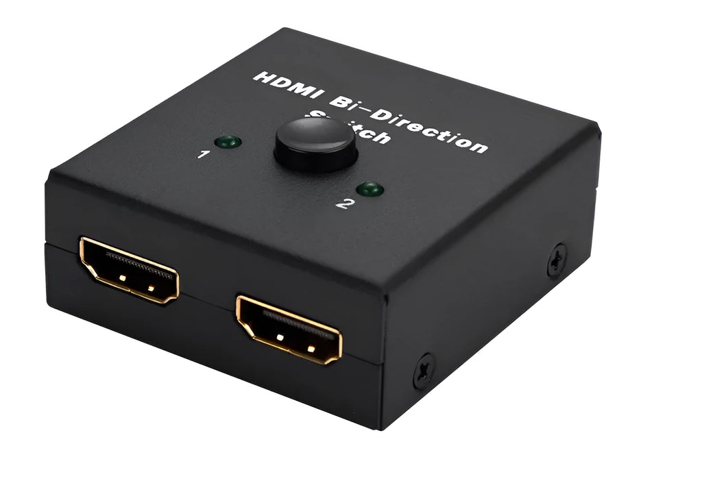 HDMI bi-direction switch black plastic housing with three ports and two blue LED indicators