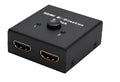 HDMI bi-direction switch black plastic housing with three ports and two blue LED indicators
