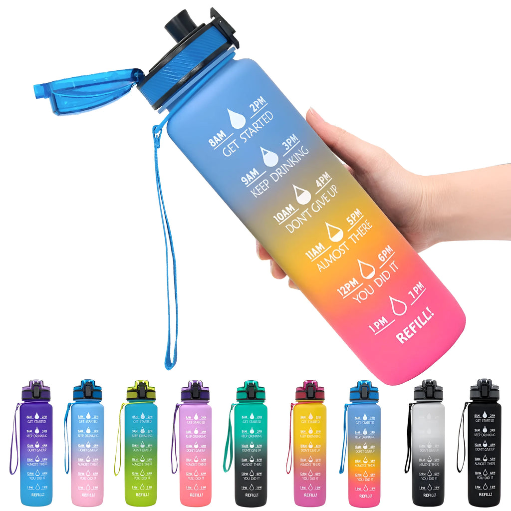 Blue and red gradient 1 litre Tritan sports water bottle with time markers and a black flip-top lid.