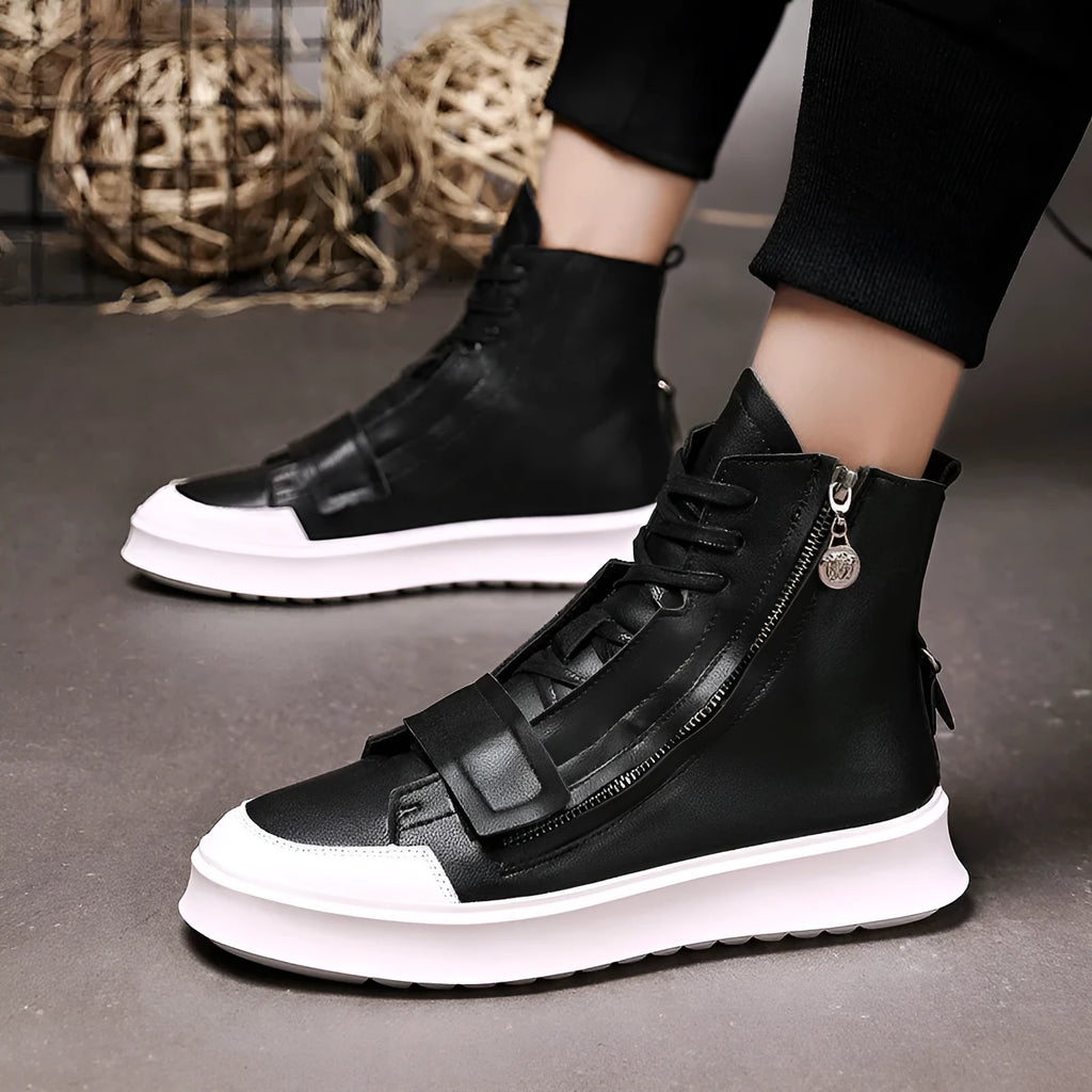 Men's black PU leather ankle boot in a high-top sneaker style for winter.