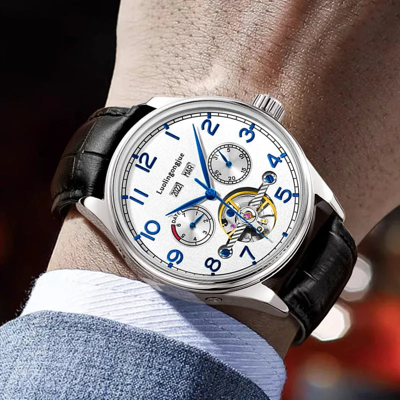 Men's stainless steel mechanical watch with hollow dial, sapphire glass, and genuine leather strap.