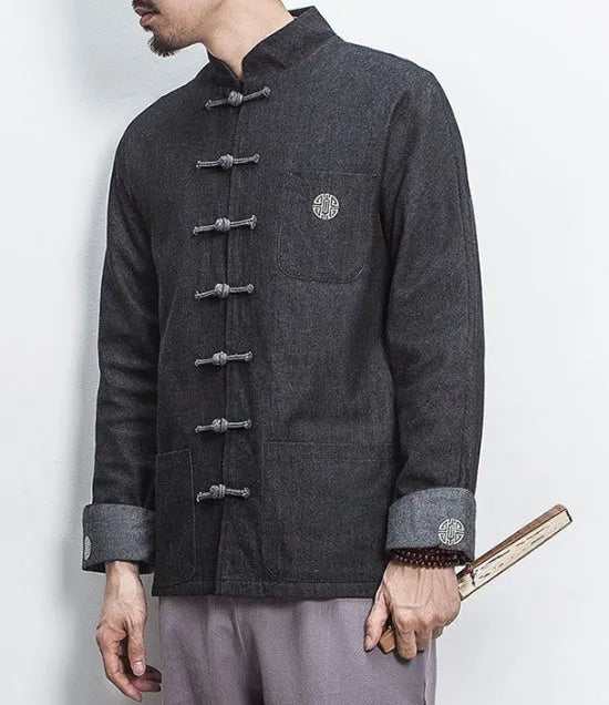 Retro Chinese style hanfu denim jacket top with stand collar and buckle decoration in black, loose fit, long sleeves