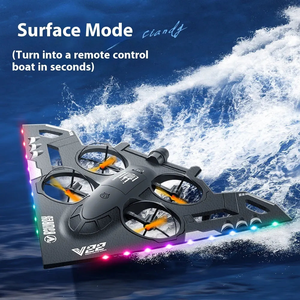 Remote control sea land and air aircraft model in black or gray, plastic, under 30cm, with remote and spare propellers