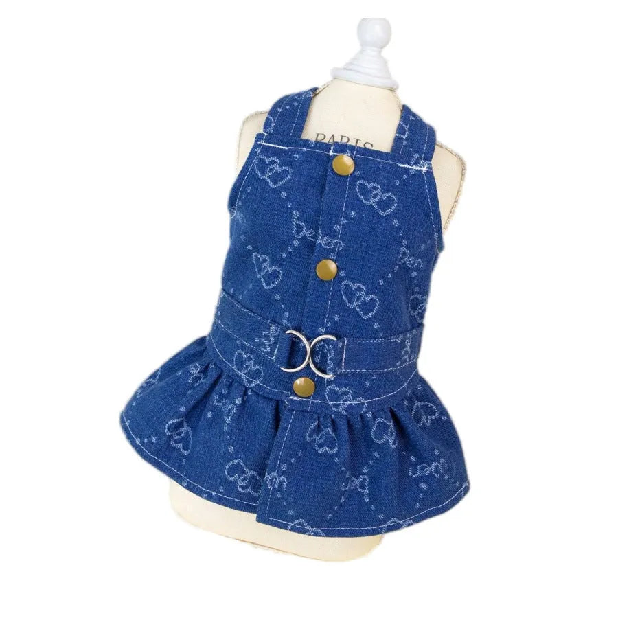 Teddy Bichon small dog wearing thin denim princess dress with bracket skirt style