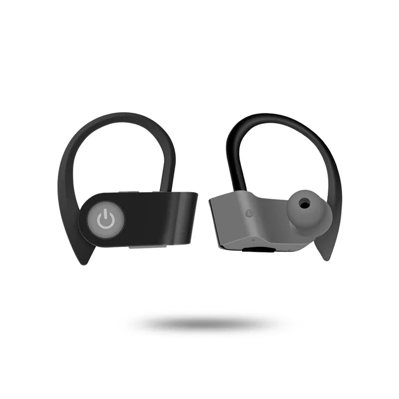 V5.0 Bluetooth wireless earphones with ergonomic design in black, grey, and red colour options