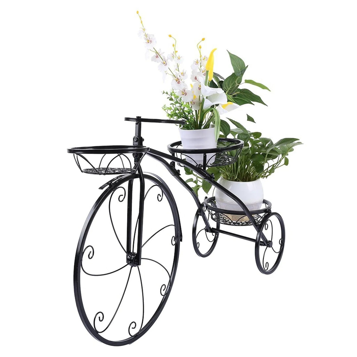 Black iron tricycle plant stand with three round basket holders for smaller planters in home, garden, or patio