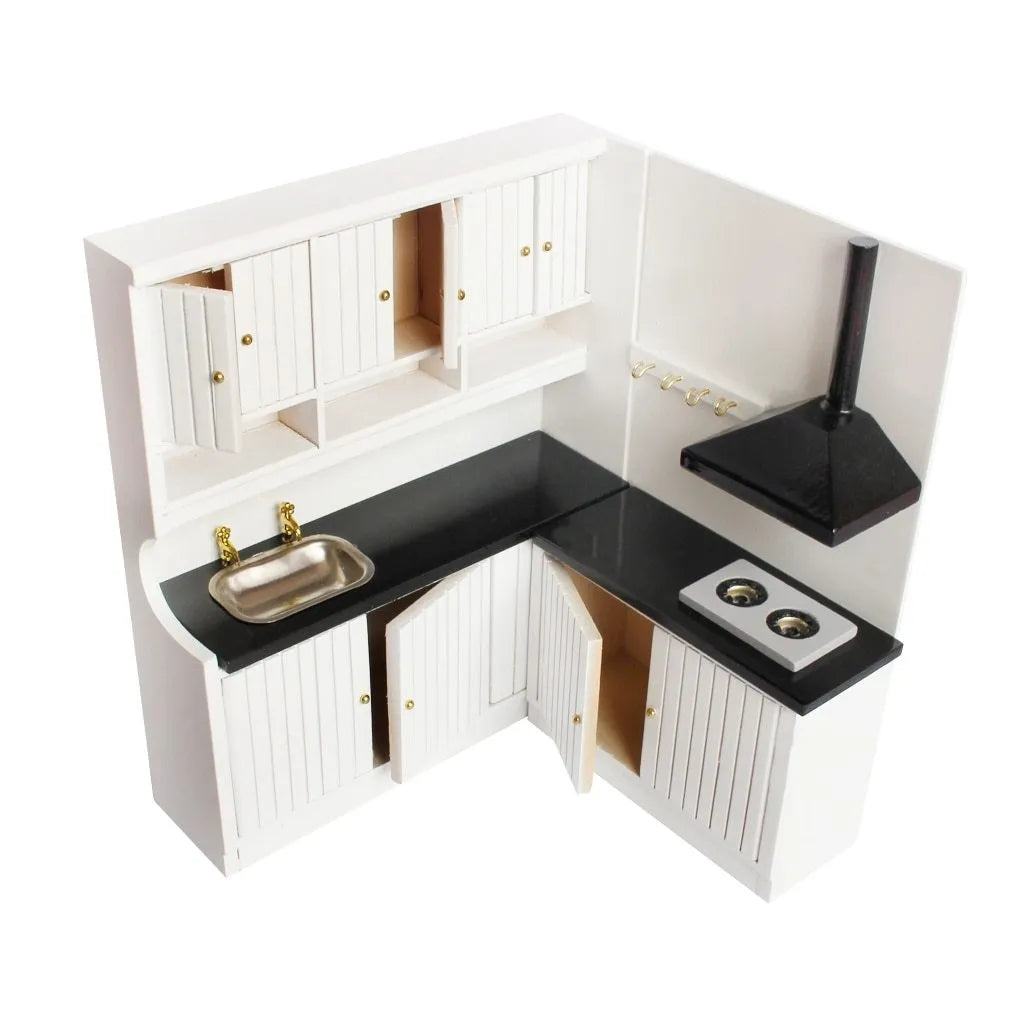 Two-piece white dollhouse kitchen cabinets with working doors and metal handles