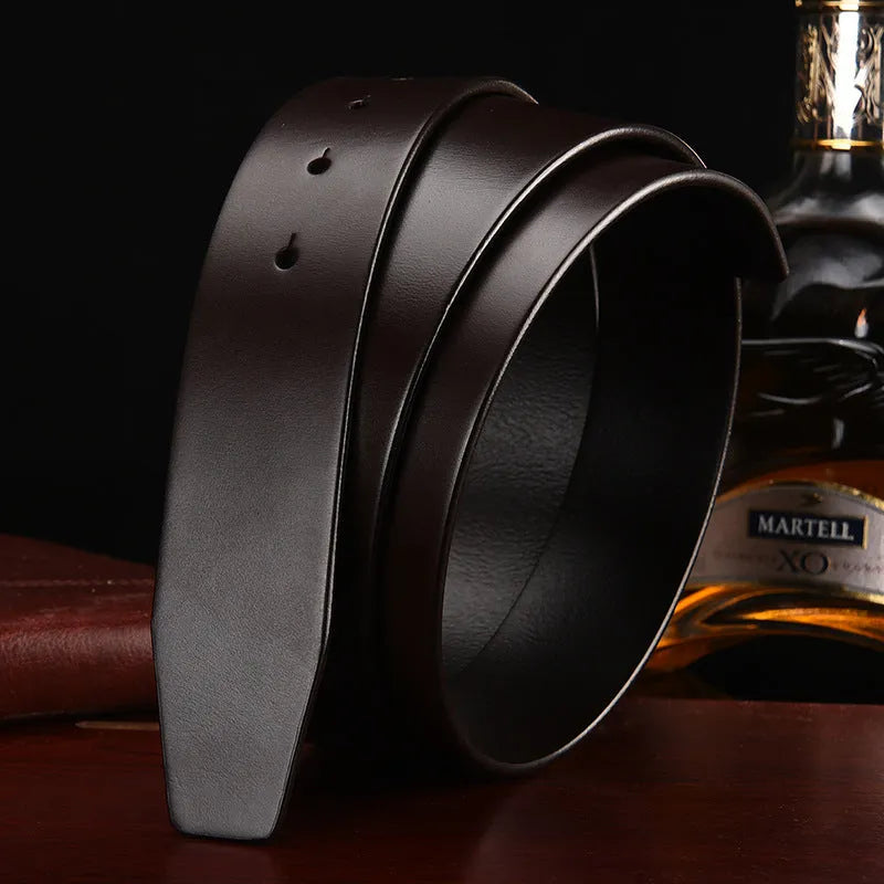 Men's headless buckle leather belt, first layer cowhide, 3.5cm wide, shown in black and coffee colour