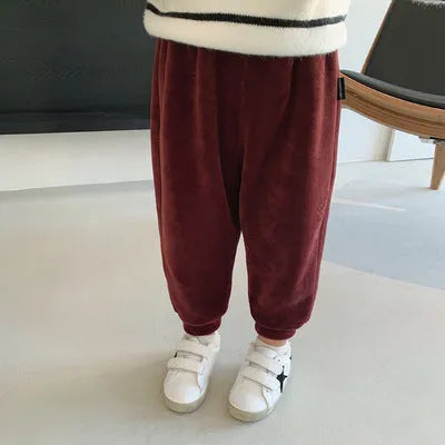 Boys velvet elastic waist casual trousers in plain colour, five size options shown