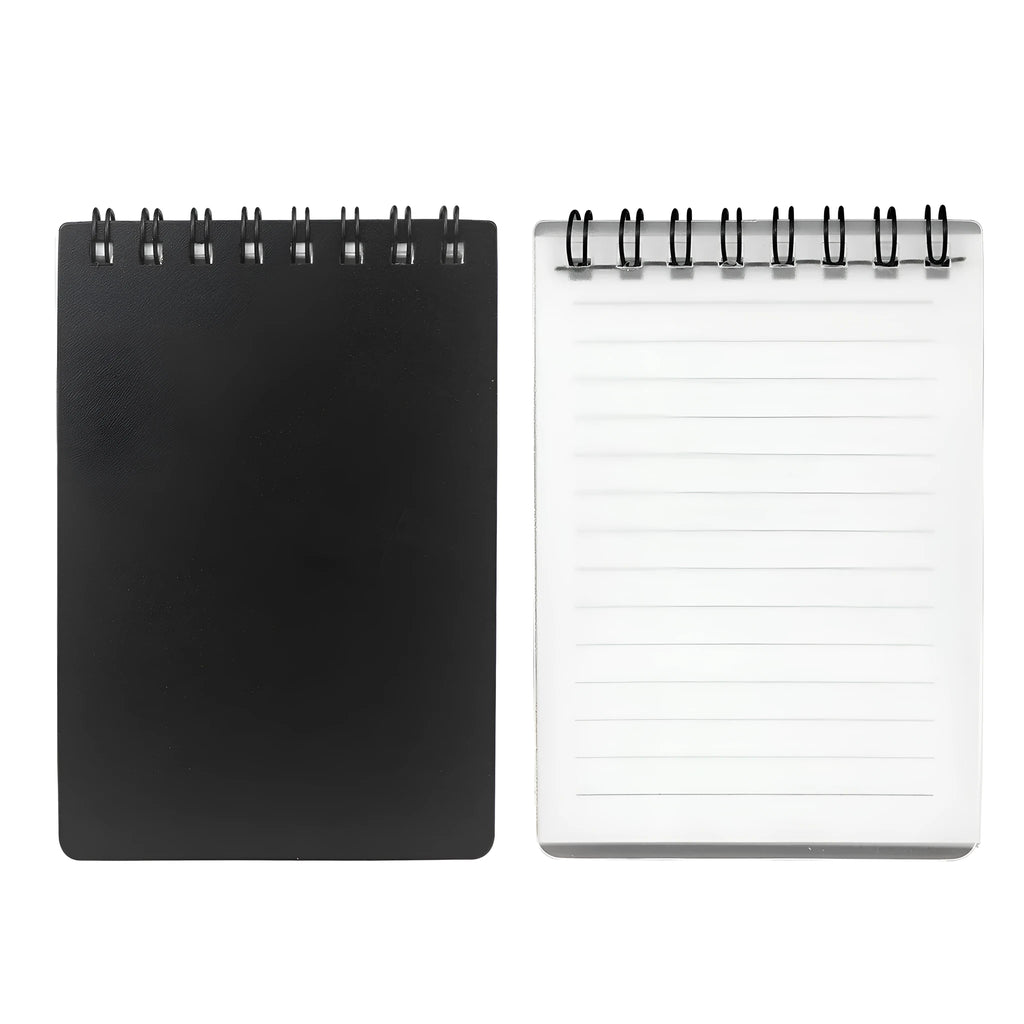 A5 spiral-bound business notepad with black and white transparent PP cover and an included pen.