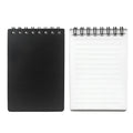 A5 spiral-bound business notepad with black and white transparent PP cover and an included pen.