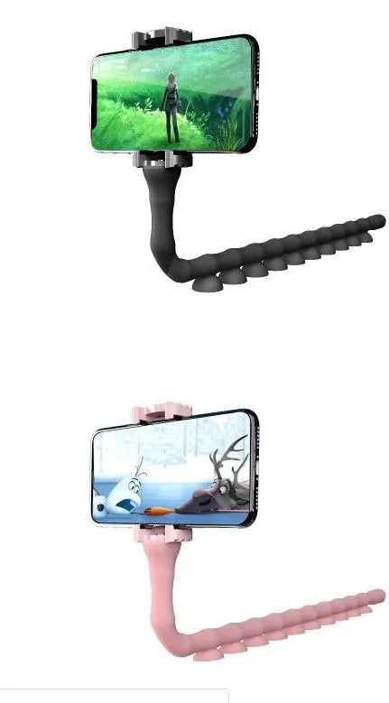 Black flexible rubber phone holder with suction cup base bent into an arc shape