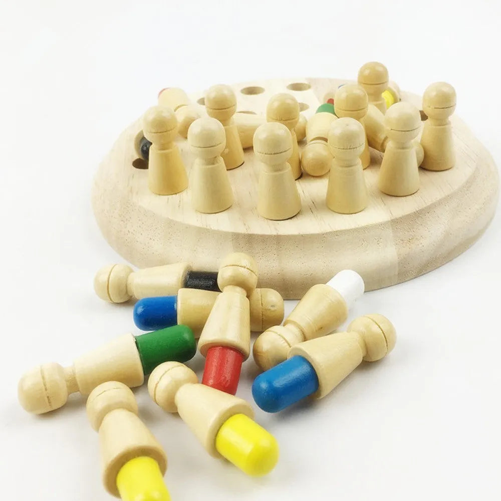 Montessori beech wood memory match stick chess game with green pieces on a wooden board.