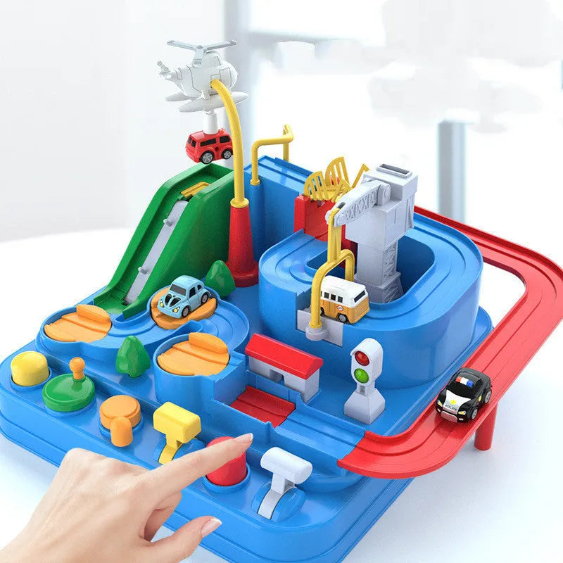 Parking lot rail car toy track set with plastic trolley cars and handle control system