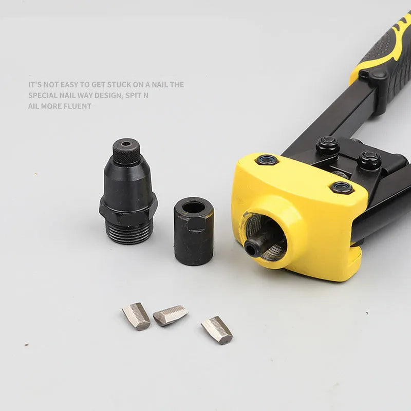 Yellow 13-inch manual rivet gun for household use with built-in tips.