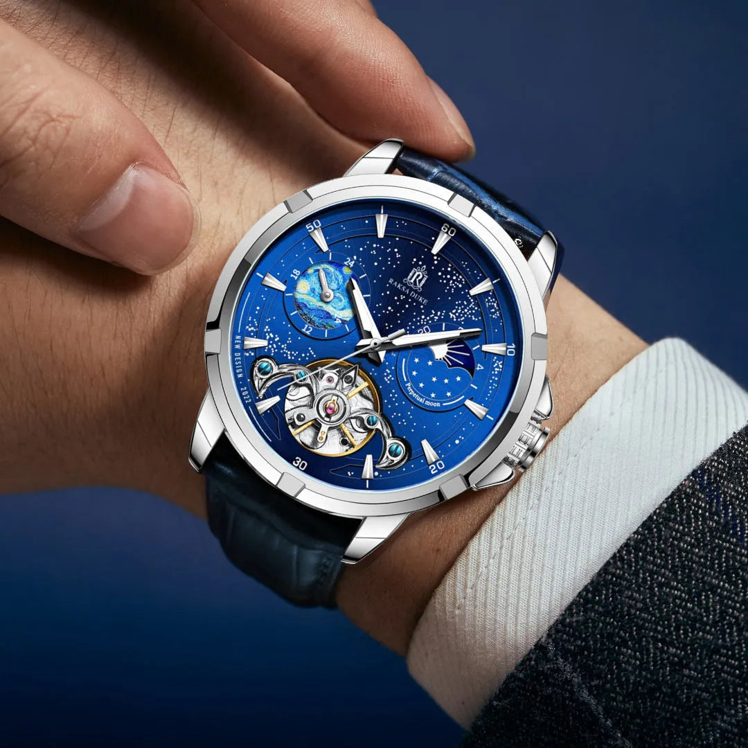 Men's blue automatic mechanical wristwatch with day-date window on stainless steel case.