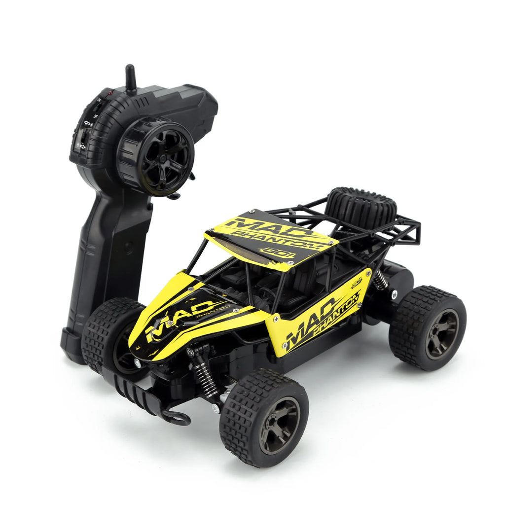 Blue and yellow 1:18 scale remote control drift car with 2.4G remote on a surface
