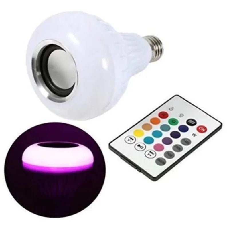 White E27 smart LED bulb with built-in Bluetooth speaker and remote control for colour-changing light.