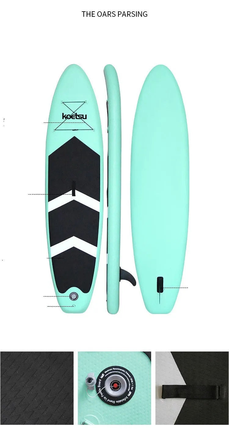 Inflatable stand up paddleboard 320x76cm green PVC with fin and foot rope on water
