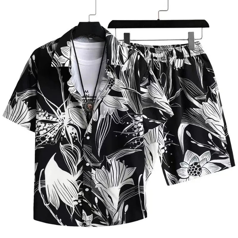 Man wearing a digital print cardigan and matching shorts from a men's casual polyester suit set.