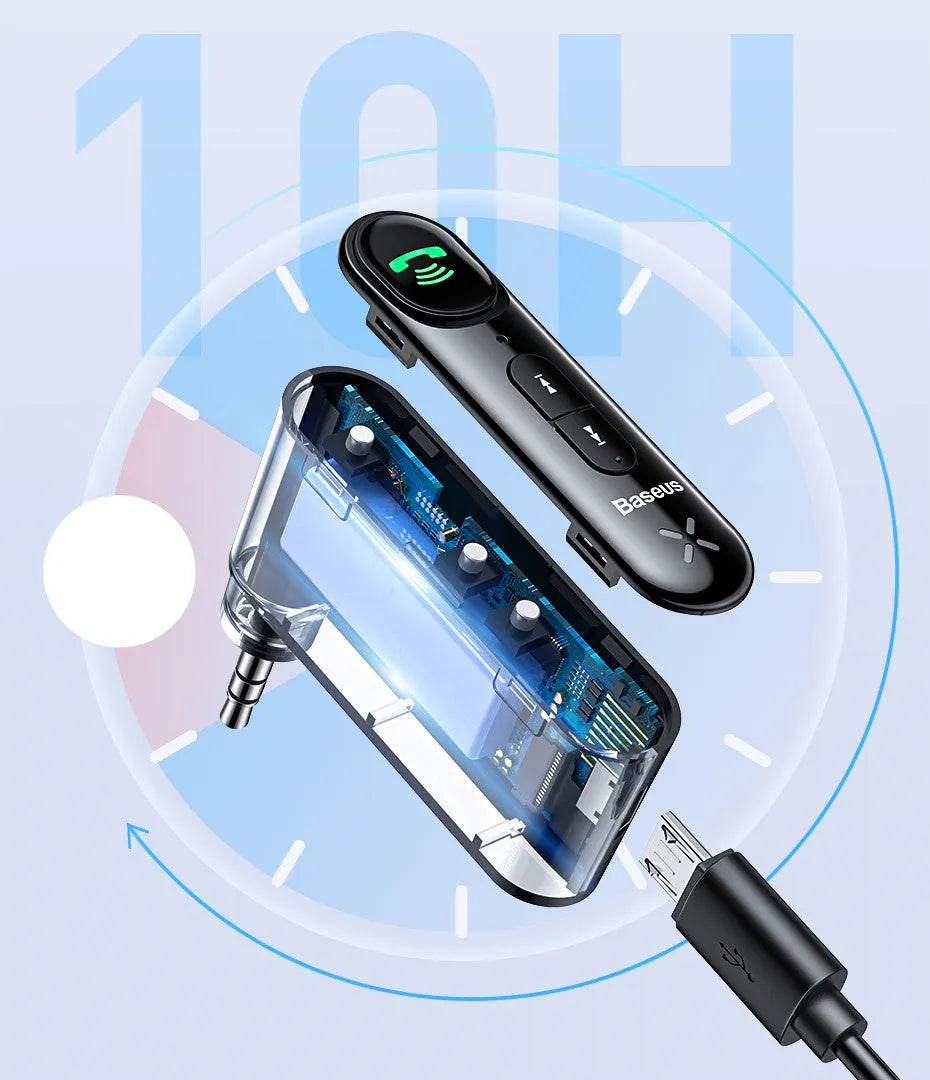 Black car Bluetooth receiver with 3.5mm plug and USB charging cable