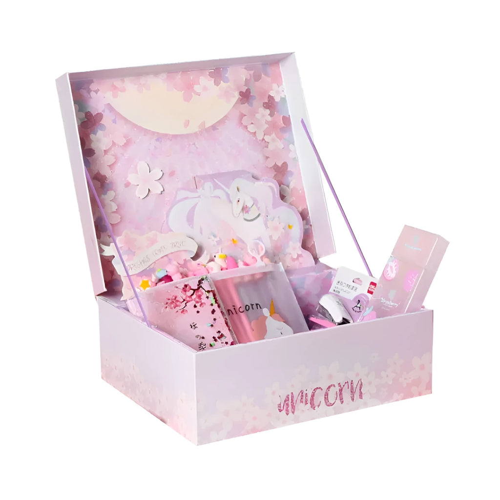 Stationery combination gift bag showing notebooks, pens, correction tape, and accessories from the 29-piece or 31-piece set.