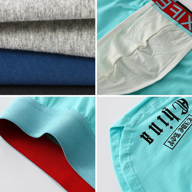 Men's loose fit cotton boxer briefs in various colours on a white background