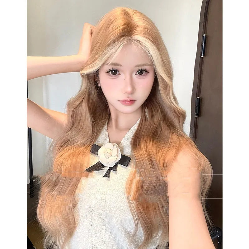 Ladies lace front long curly wig in American highlight gold colour