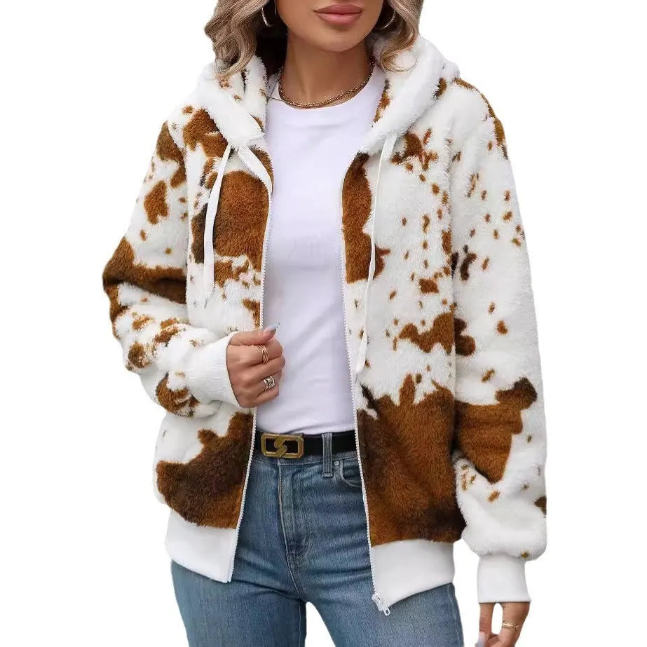 Yellow brown cow animal print hooded cardigan jacket with zipper closure and threads detail