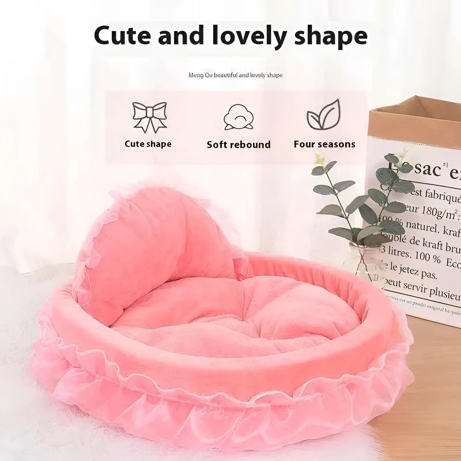 Cute princess lace teddy cloth pet bed in pink with decorative trim, suitable for small dogs