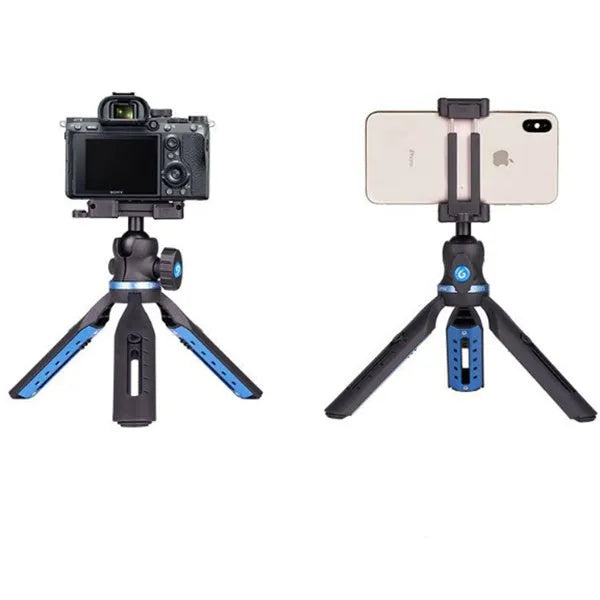 Black desktop tripod holding a mobile phone, showing adjustable bracket and plastic-aluminium construction