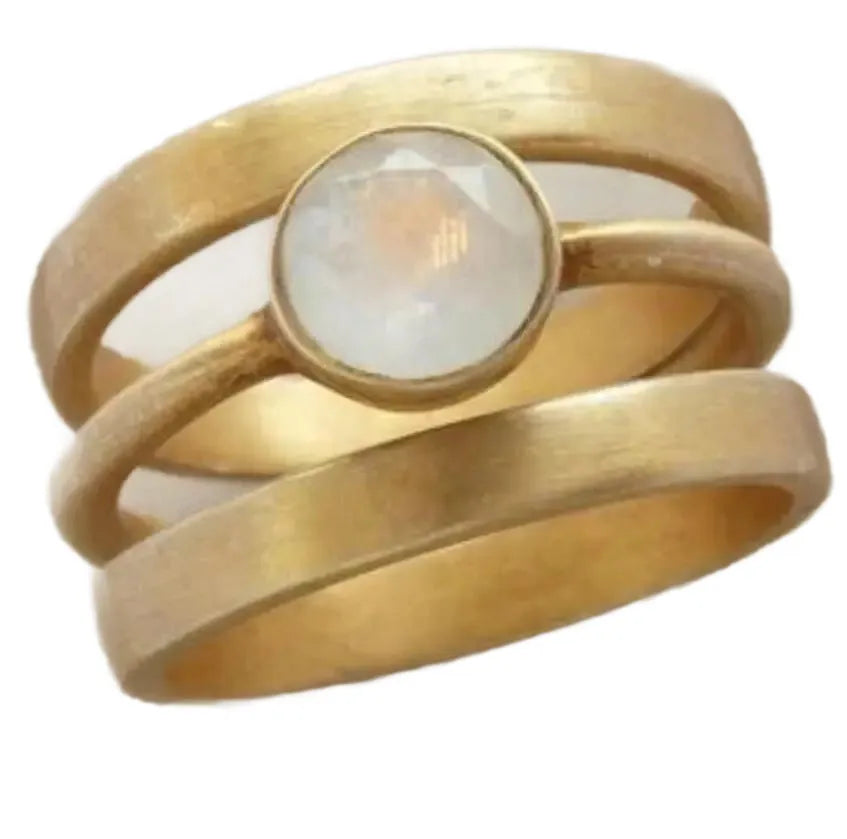 Gold-coloured geometric titanium steel ring with a micro-inlaid white chalcedony pattern.