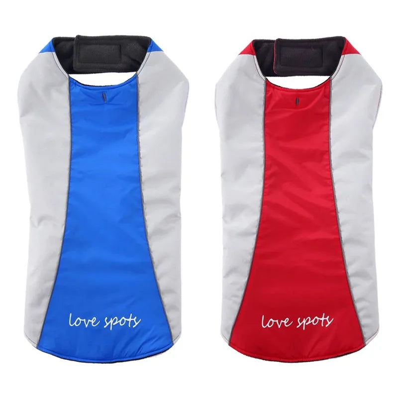 Winter dog coat for large breeds in blue or red, polyester, night reflective, sizes S to 2XL