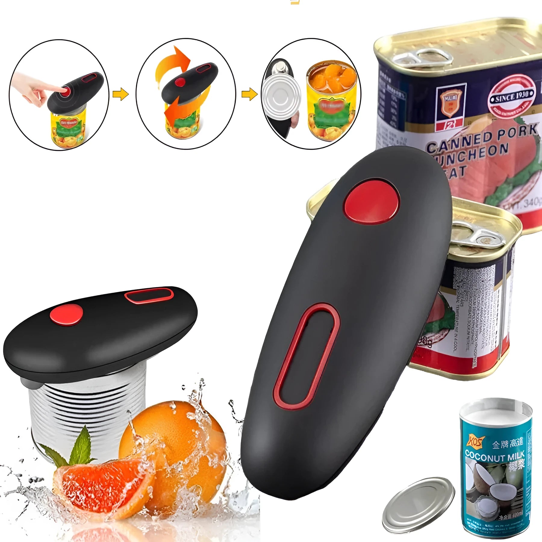 Black electric can opener with compact plastic design and battery compartment