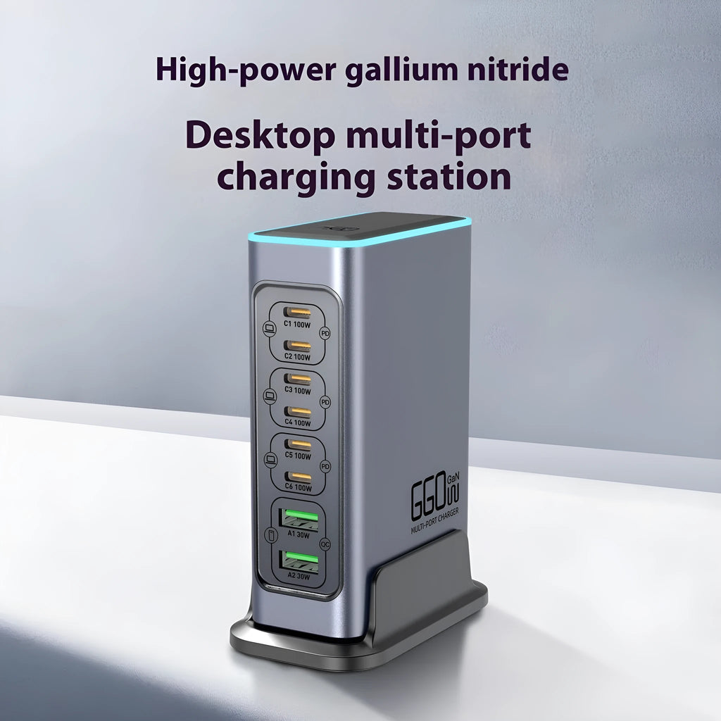 Desktop multi-port 660W GaN charger with Type-C interface and interchangeable UK EU US AU plugs