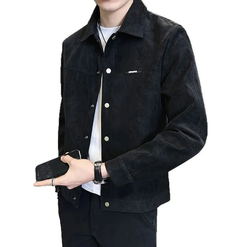 Men's chemical fibre blended suede lapel spring jacket in brown, solid colour with tie-dye finish, long sleeves, slant-cut hem