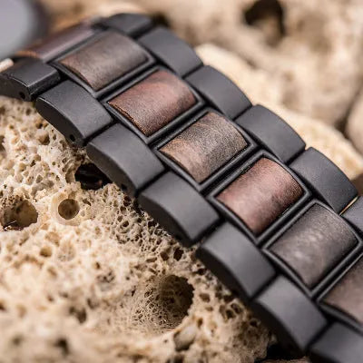 Custom engrave logo wood watch for men with natural solid wood case and stainless steel strap on brown background