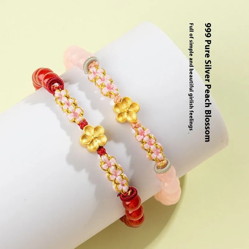Chinese style red rope bracelet with crystal peach blossom diamond charm in pink or red agate