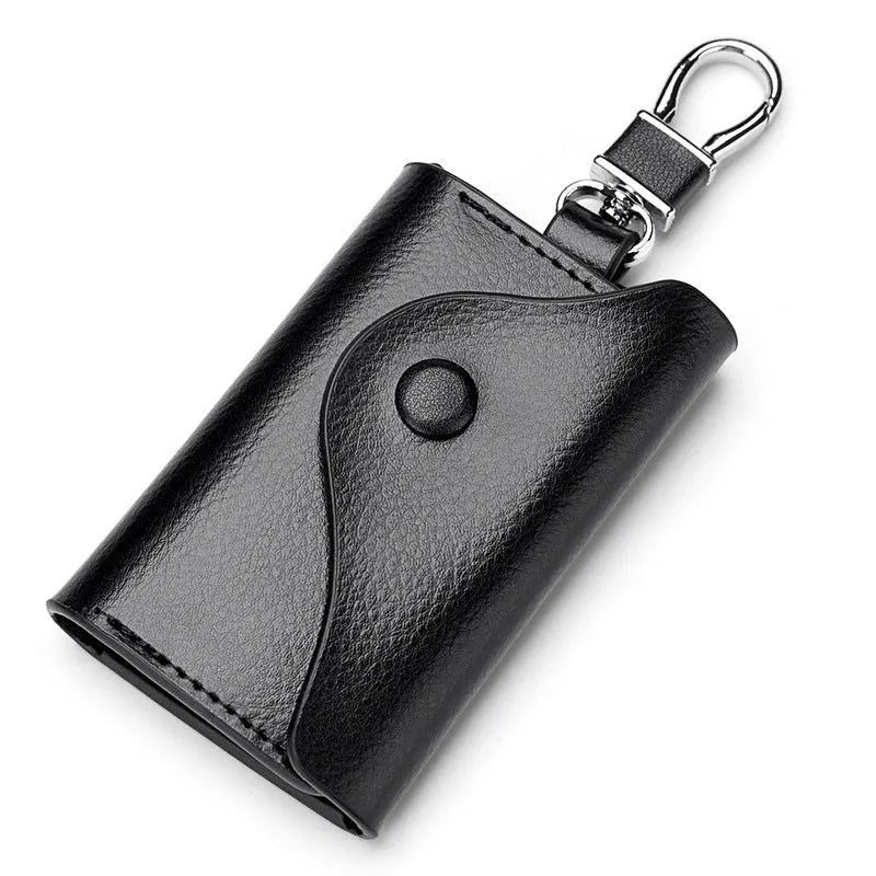 Square genuine leather keychain card holder with key ring in black colour.