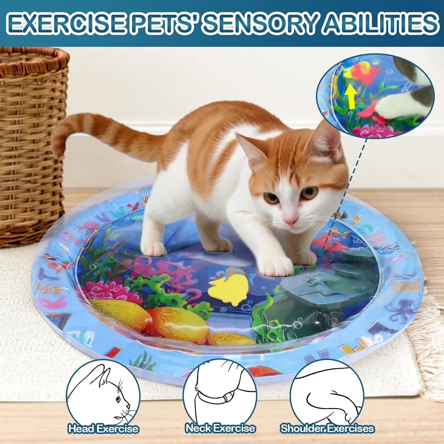 Large square blue water playmat for cats with floating fish toys inside, shown on a floor.